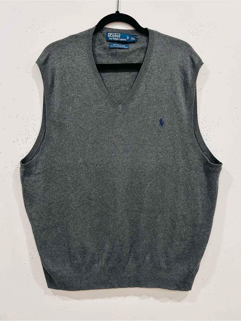 Polo Ralph Lauren Sweater Vest Men XXL Gray V-Neck 100% Pima Cotton Blue Pony